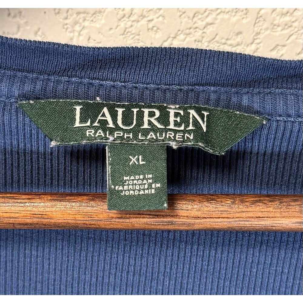 Lauren Ralph Lauren Women’s XL Blue Ribbed Lace Up V Neck Cotton T Shirt - Picture 5 of 9